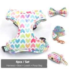 Soft Padded Dog Harenss for Small Dogs Valentine's Day Heart Printing Personalized Dog Collar with Leash Poop Bag Puppy Gift Set