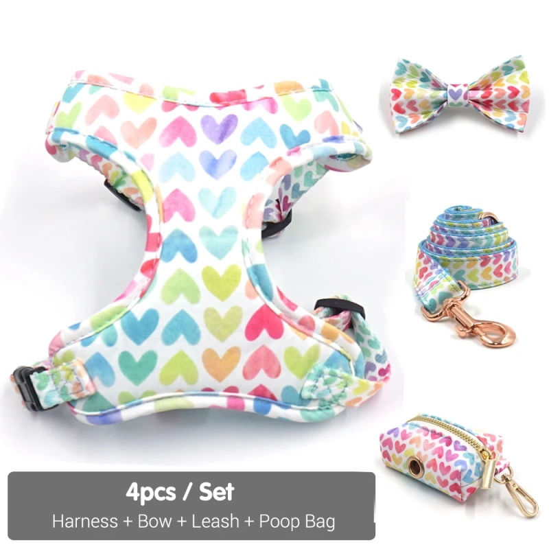 Soft Padded Dog Harenss for Small Dogs Valentine's Day Heart Printing Personalized Dog Collar with Leash Poop Bag Puppy Gift Set