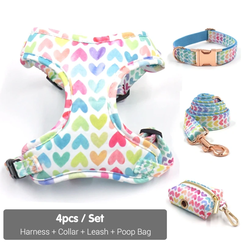 Soft Padded Dog Harenss for Small Dogs Valentine's Day Heart Printing Personalized Dog Collar with Leash Poop Bag Puppy Gift Set