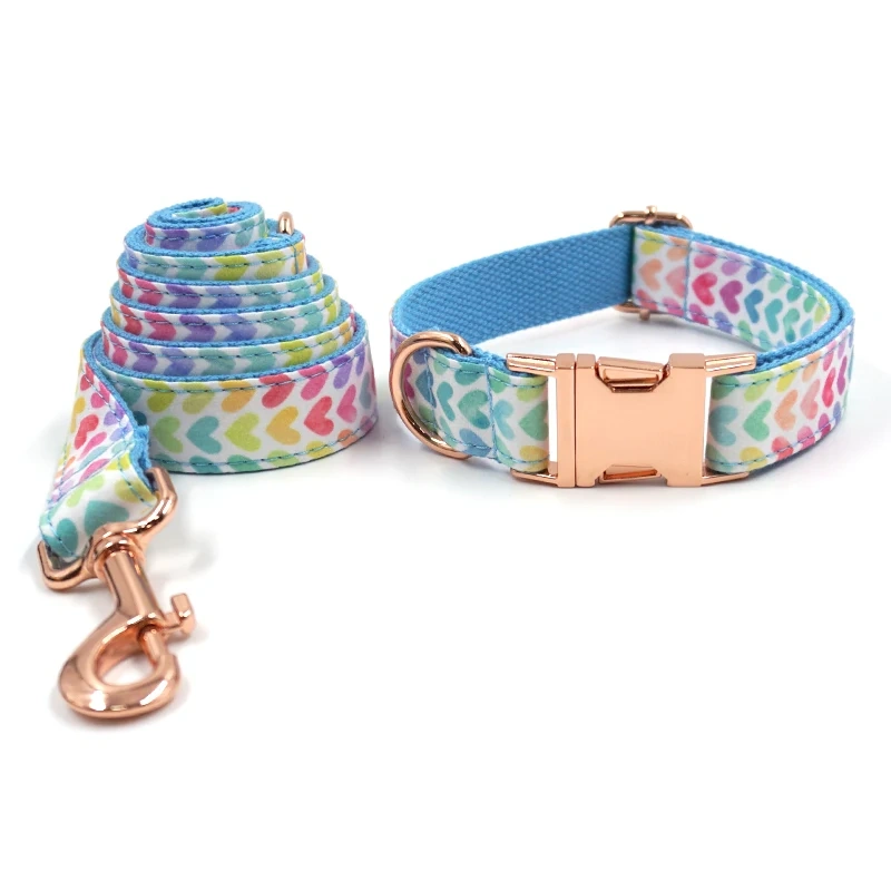 Soft Padded Dog Harenss for Small Dogs Valentine's Day Heart Printing Personalized Dog Collar with Leash Poop Bag Puppy Gift Set