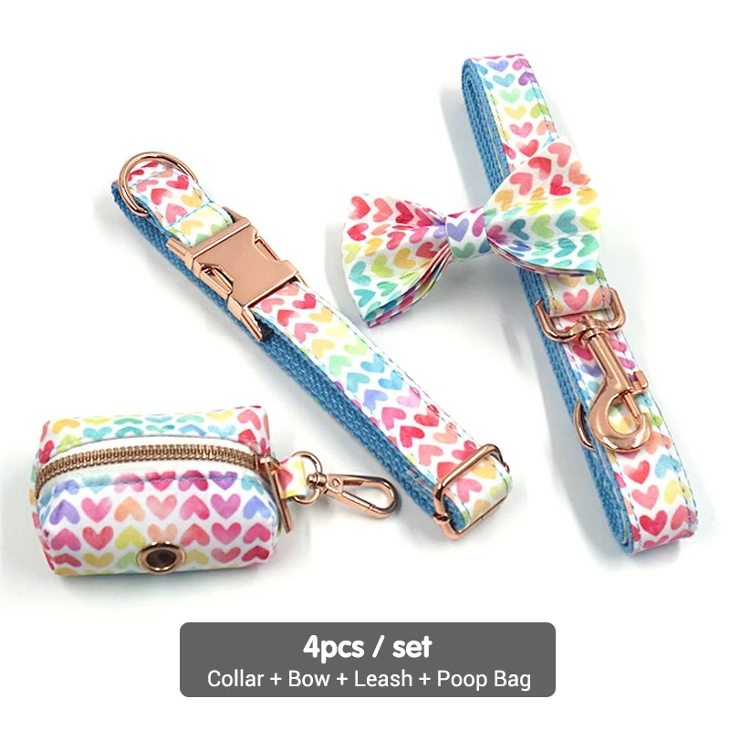 Soft Padded Dog Harenss for Small Dogs Valentine's Day Heart Printing Personalized Dog Collar with Leash Poop Bag Puppy Gift Set