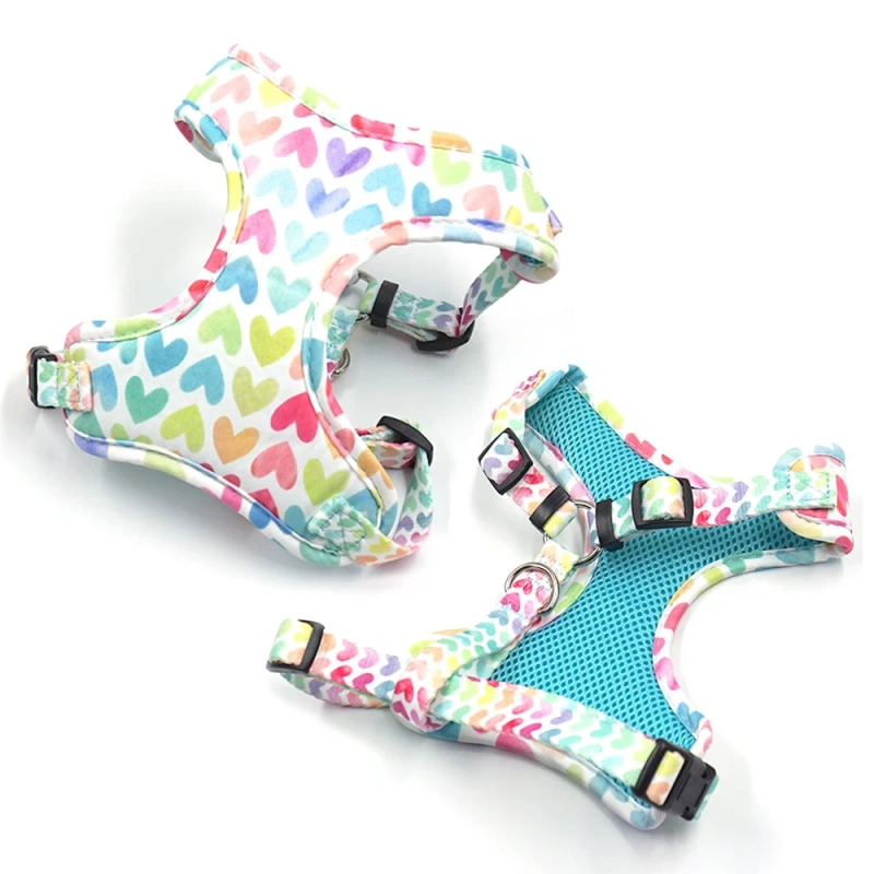Soft Padded Dog Harenss for Small Dogs Valentine's Day Heart Printing Personalized Dog Collar with Leash Poop Bag Puppy Gift Set