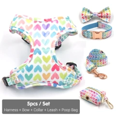 Soft Padded Dog Harenss for Small Dogs Valentine's Day Heart Printing Personalized Dog Collar with Leash Poop Bag Puppy Gift Set