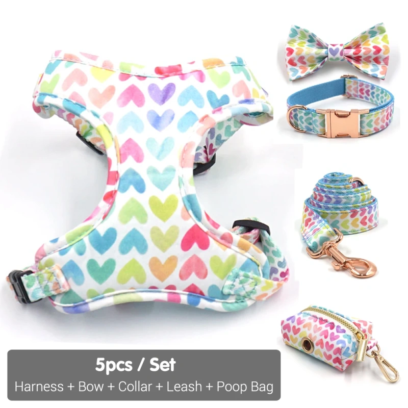 Soft Padded Dog Harenss for Small Dogs Valentine's Day Heart Printing Personalized Dog Collar with Leash Poop Bag Puppy Gift Set