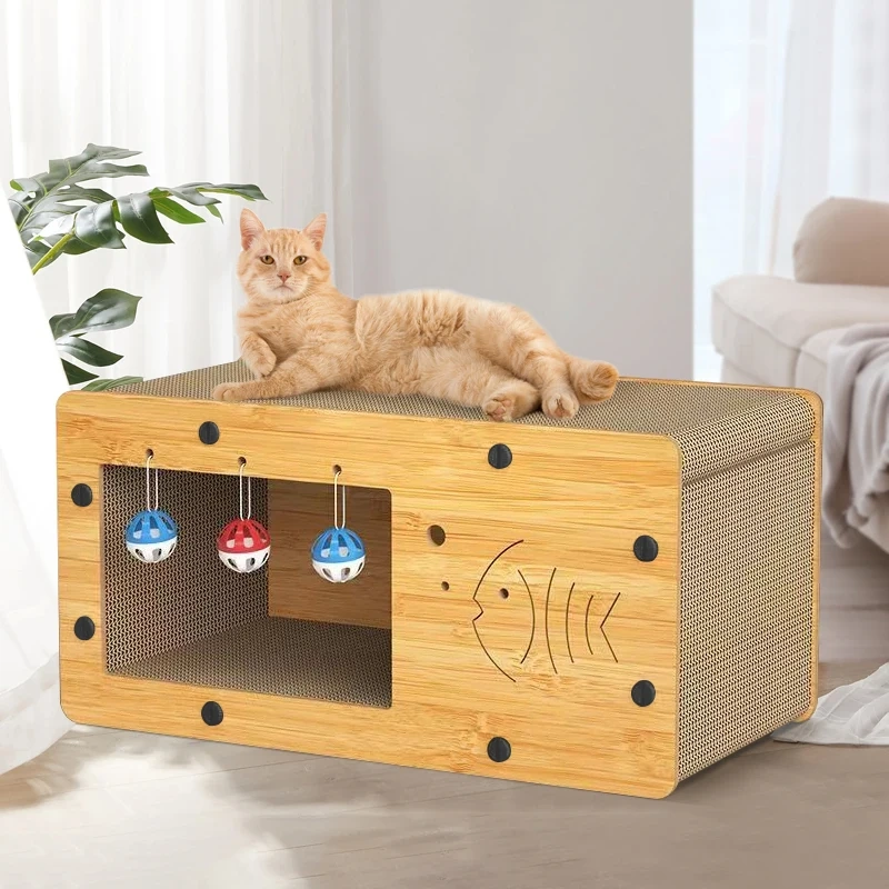 Cat Scratch Box for Indoor Cats Hideout and Play Protecting Furniture Cat Scratchers Cardboard Scratching Board  with Ball Toy