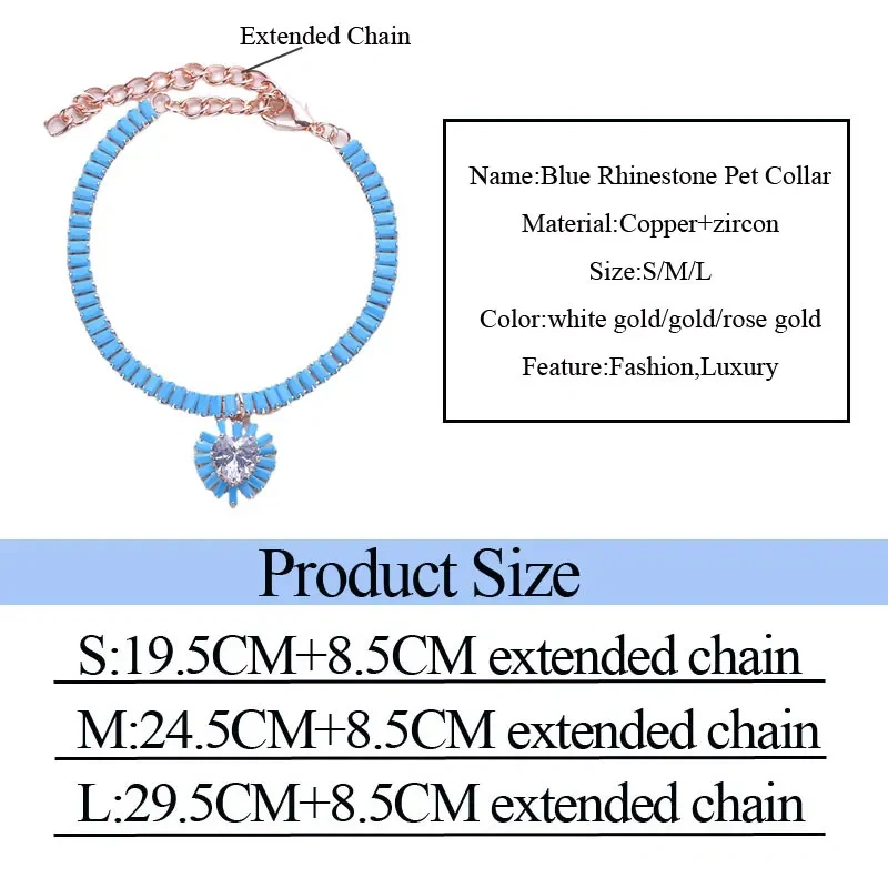Luxry Dog Collar with Heart Pendent Rhinestone Cat Necklace Jewelry Chihuahua Pug Collier Chain Small Medium Pet Wedding Party