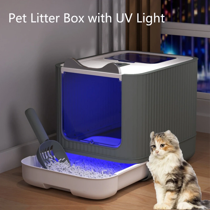 Pet Litter Box with UV Lights Top Drawer Litter Pan Fully enclosed with in/out door control Disinfecting and deodorizing For cat