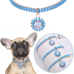 Blue Flowers Diamond Pendant Collar Fashion Adjustable Safety Cat Necklace Harness Small Dog Pet Collars Clothing Accessories
