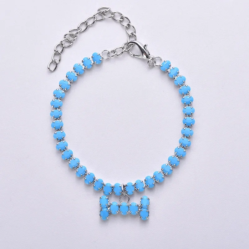 Rhinestone Dog collar luxury Blue Cat Necklace With Bone Pendent Perro Collier Chain Pet Jewelry Collars for Small Pug Chihuhua