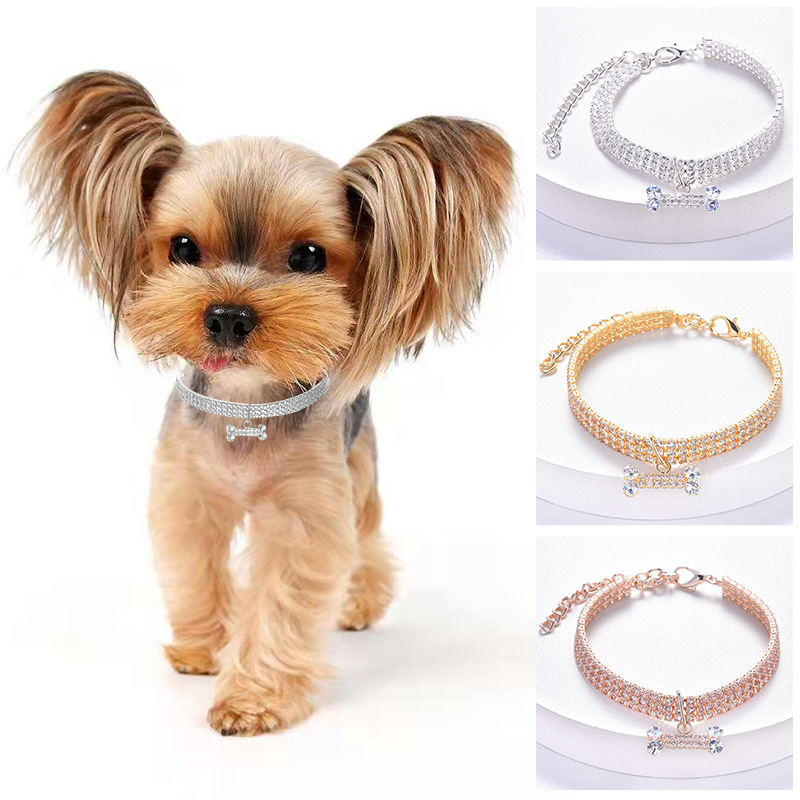 Adjustable Pet Necklace Cat Dog Collar with Diamond Zircon Bone Pendant Jewelry Luxury Metal Copper Puppy Collars Dog Supplies