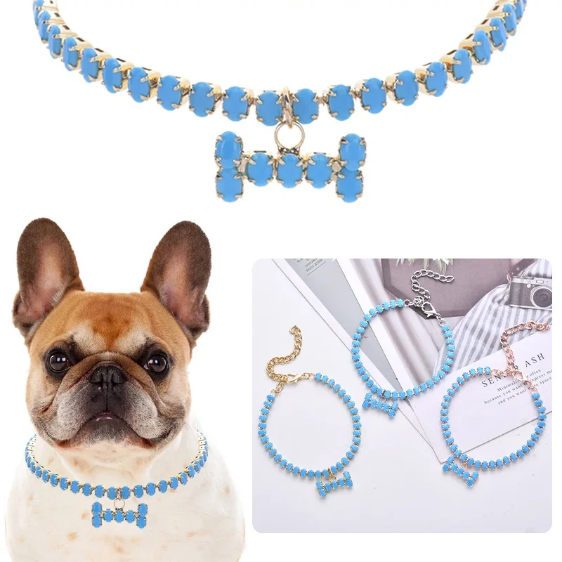 Rhinestone Dog collar luxury Blue Cat Necklace With Bone Pendent Perro Collier Chain Pet Jewelry Collars for Small Pug Chihuhua