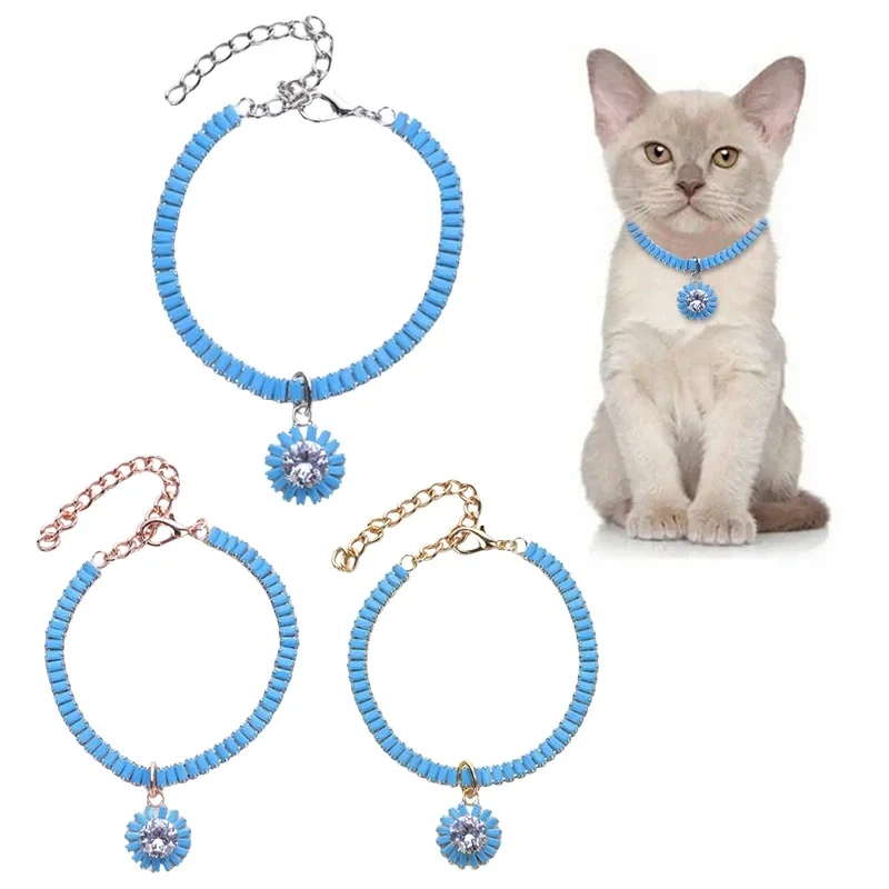 Blue Flowers Diamond Pendant Collar Fashion Adjustable Safety Cat Necklace Harness Small Dog Pet Collars Clothing Accessories
