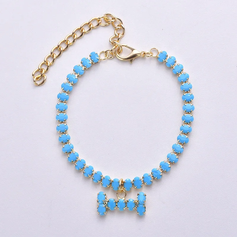 Rhinestone Dog collar luxury Blue Cat Necklace With Bone Pendent Perro Collier Chain Pet Jewelry Collars for Small Pug Chihuhua