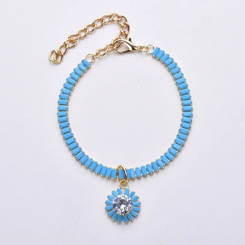 Blue Flowers Diamond Pendant Collar Fashion Adjustable Safety Cat Necklace Harness Small Dog Pet Collars Clothing Accessories