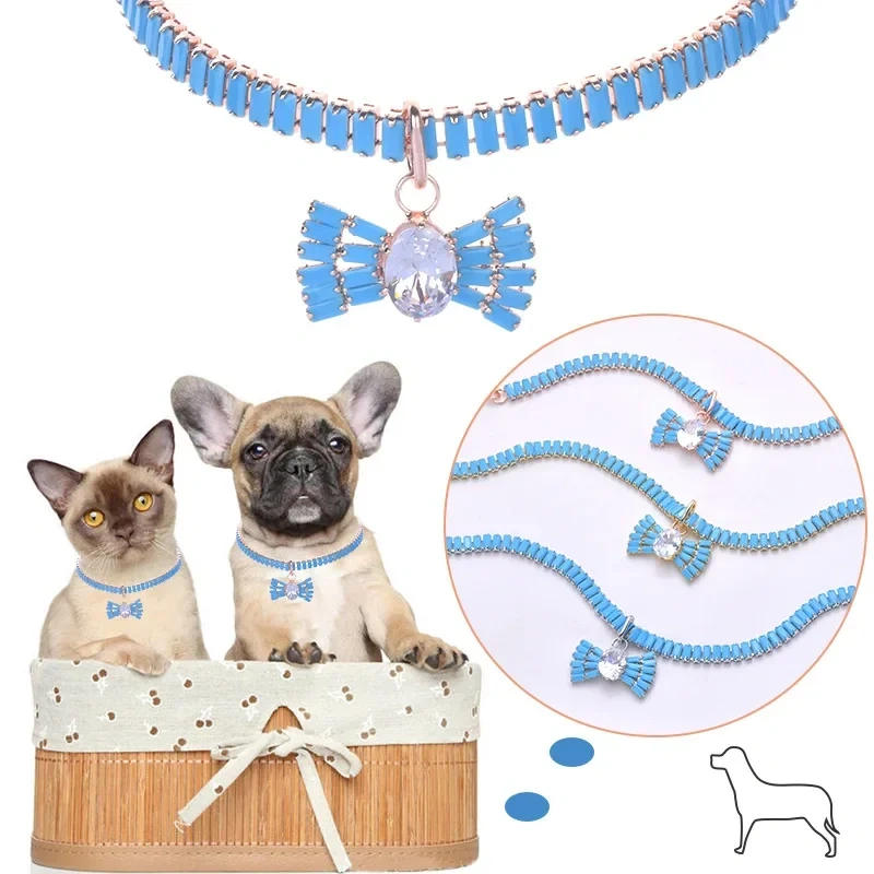 Fashion Shiny Diamond Bow Pet Necklace Adjustable Collar Cat Jewelry Bows Pendant Suitable For Pets Party Dress Up Supplies