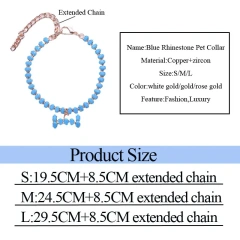 Rhinestone Dog collar luxury Blue Cat Necklace With Bone Pendent Perro Collier Chain Pet Jewelry Collars for Small Pug Chihuhua