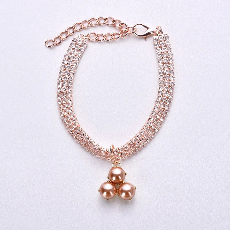 Pearl Silver Chain Pet Cat Necklace Zircon Decorate Puppy Collar Accessories Rose Gold Adjustable French Bulldog Neck Collar