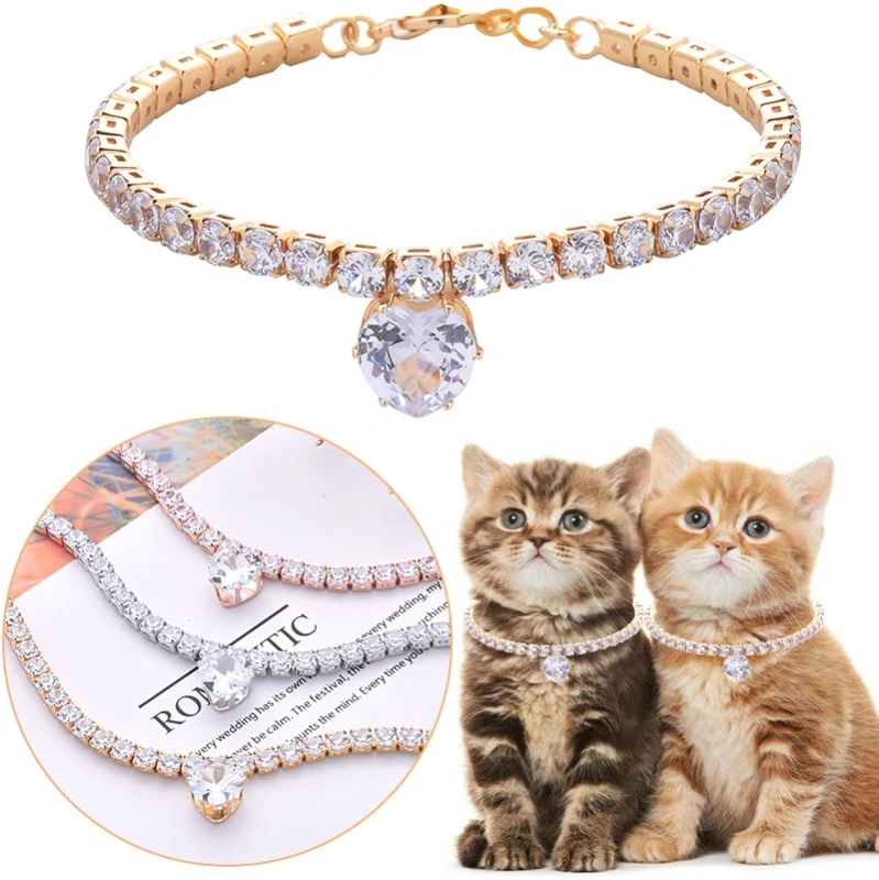 Zircon Heart Party Cat Accessories Rose Gold Silver Plated Neck Collar for Small Medium Dogs Adjustable Birthday Puppy Necklace