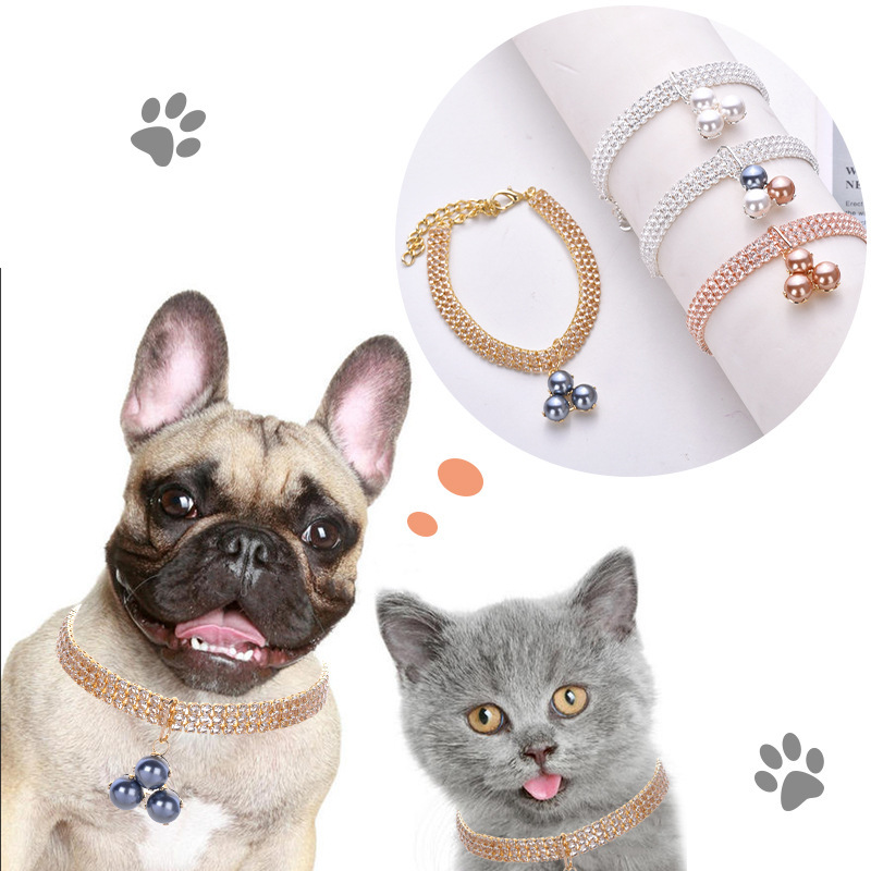 Pearl Silver Chain Pet Cat Necklace Zircon Decorate Puppy Collar Accessories Rose Gold Adjustable French Bulldog Neck Collar