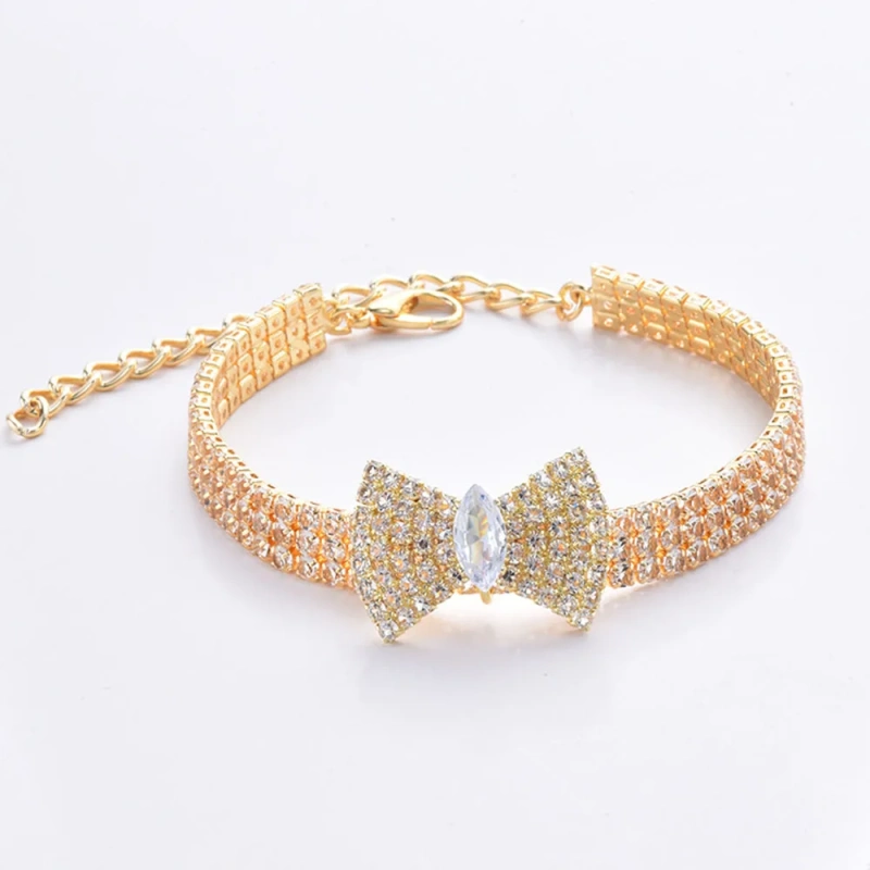 Rhinestones Cat Collar with Bling Bow Charm Shiny Crystal Pet Collar Rhinestone Adjustable Collar Necklace for Small Pet Cat Dog