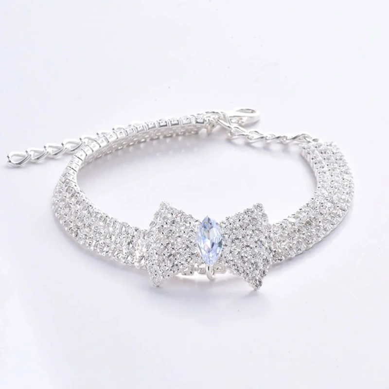 Rhinestones Cat Collar with Bling Bow Charm Shiny Crystal Pet Collar Rhinestone Adjustable Collar Necklace for Small Pet Cat Dog