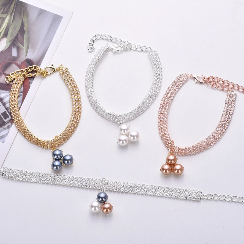 Pearl Silver Chain Pet Cat Necklace Zircon Decorate Puppy Collar Accessories Rose Gold Adjustable French Bulldog Neck Collar