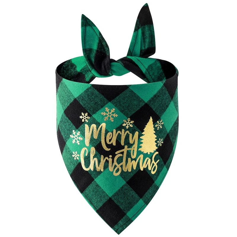 Sucado Dog Christmas Gifts Bandana Classic Buffalo Plaid with Golden Merry Christmas Pattern Accessories Triangle Scarf
