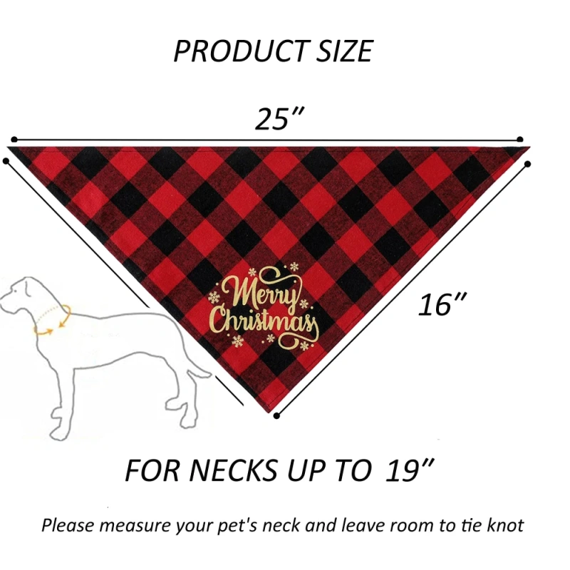 Sucado Dog Christmas Gifts Bandana Classic Buffalo Plaid with Golden Merry Christmas Pattern Accessories Triangle Scarf