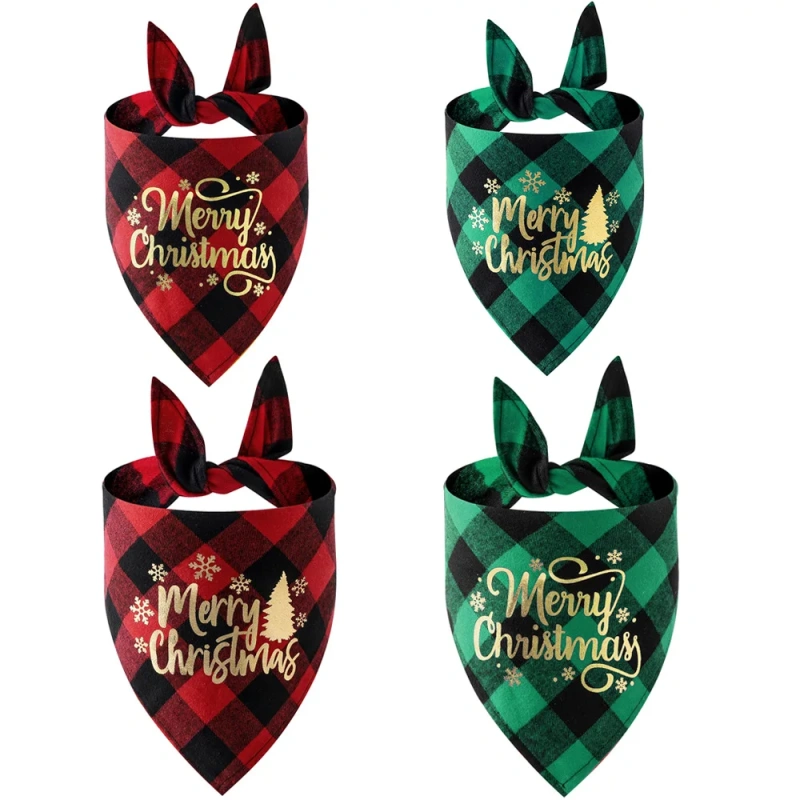 Sucado Dog Christmas Gifts Bandana Classic Buffalo Plaid with Golden Merry Christmas Pattern Accessories Triangle Scarf