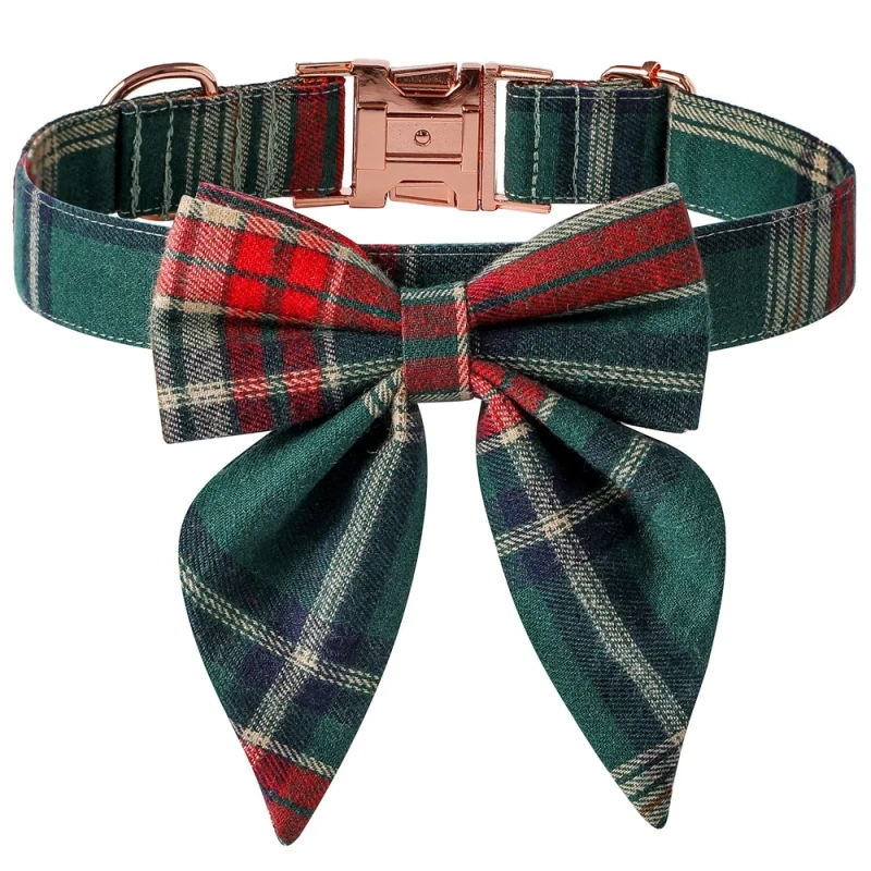 Dog and Cat Collar with Detachable Bowtie British Style Grid Collar Metal Buckle Adjustable Collars for Small Medium Large Dogs