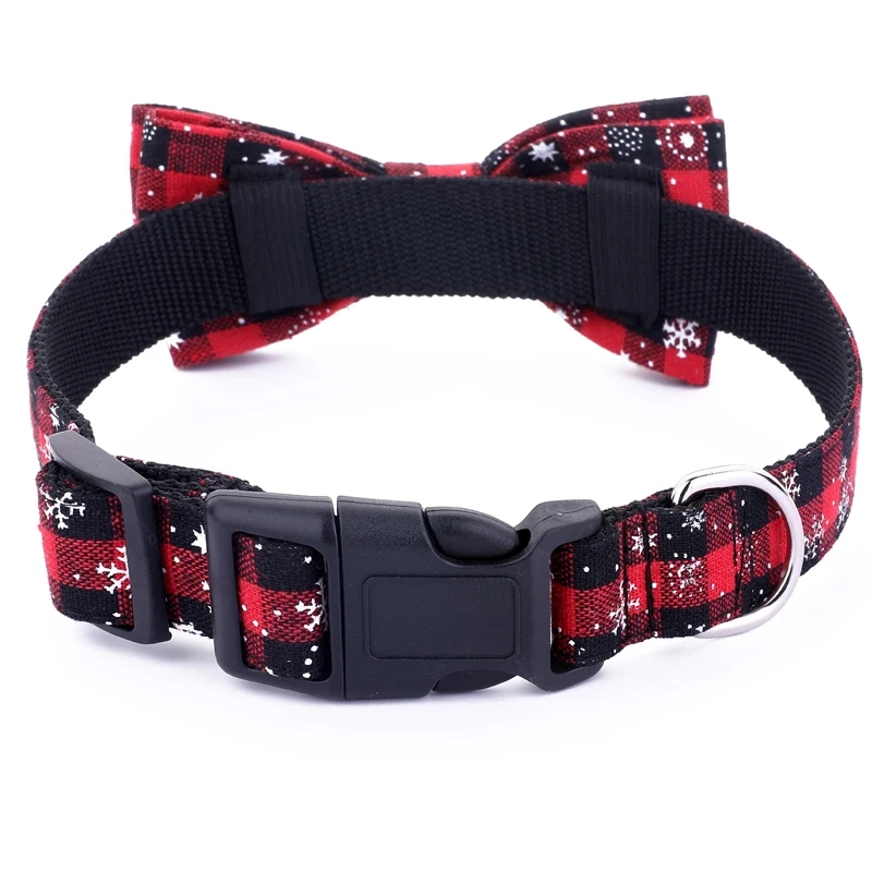 Christmas Plaid Dog Collar Adjustable Soft Dog Collar with Bowtie Pet Gift Dog Collars Bow for Small Medium Large Dogs Grooming