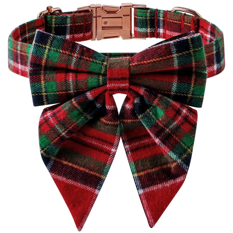 Dog and Cat Collar with Detachable Bowtie British Style Grid Collar Metal Buckle Adjustable Collars for Small Medium Large Dogs