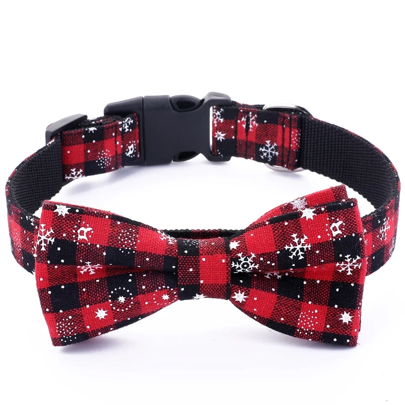 Christmas Plaid Dog Collar Adjustable Soft Dog Collar with Bowtie Pet Gift Dog Collars Bow for Small Medium Large Dogs Grooming