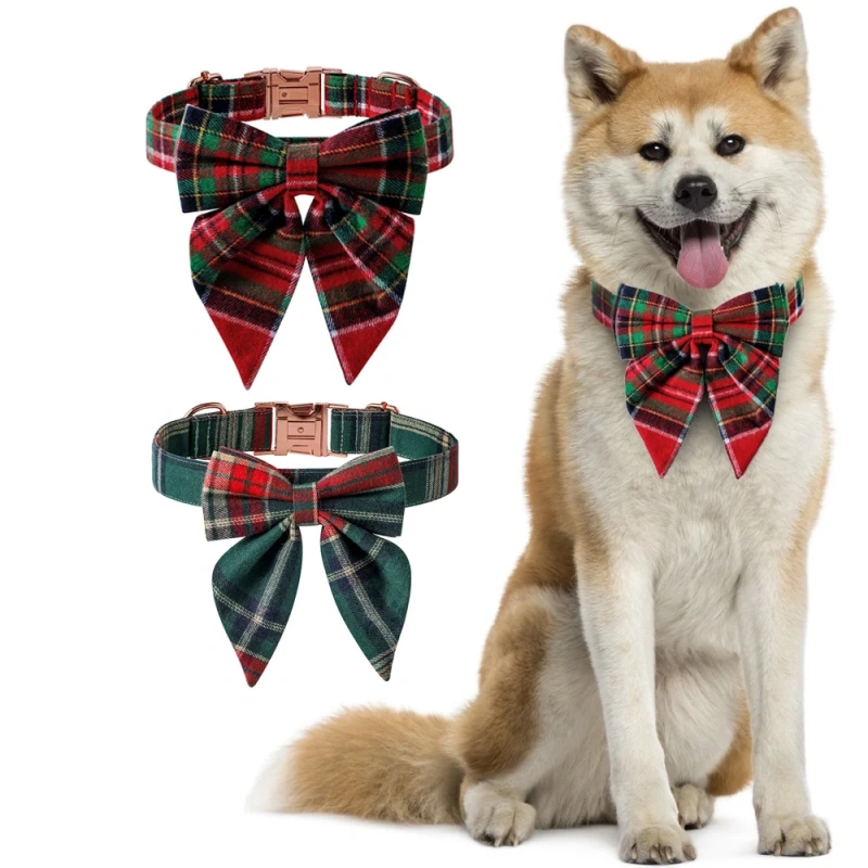 Dog and Cat Collar with Detachable Bowtie British Style Grid Collar Metal Buckle Adjustable Collars for Small Medium Large Dogs