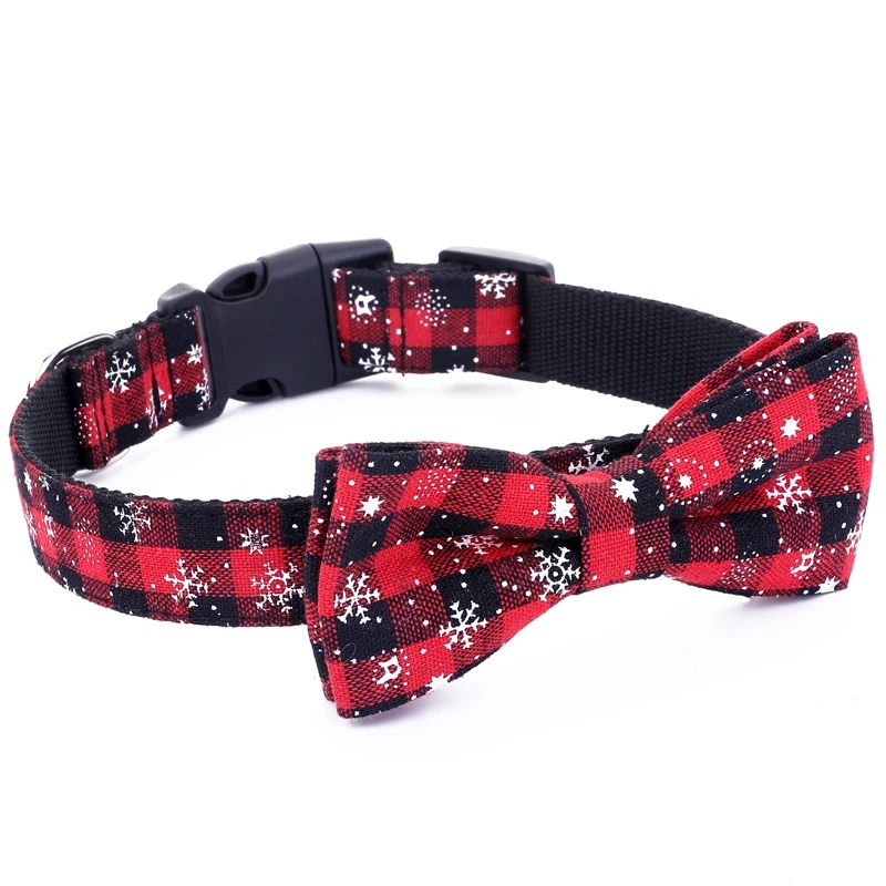 Christmas Plaid Dog Collar Adjustable Soft Dog Collar with Bowtie Pet Gift Dog Collars Bow for Small Medium Large Dogs Grooming