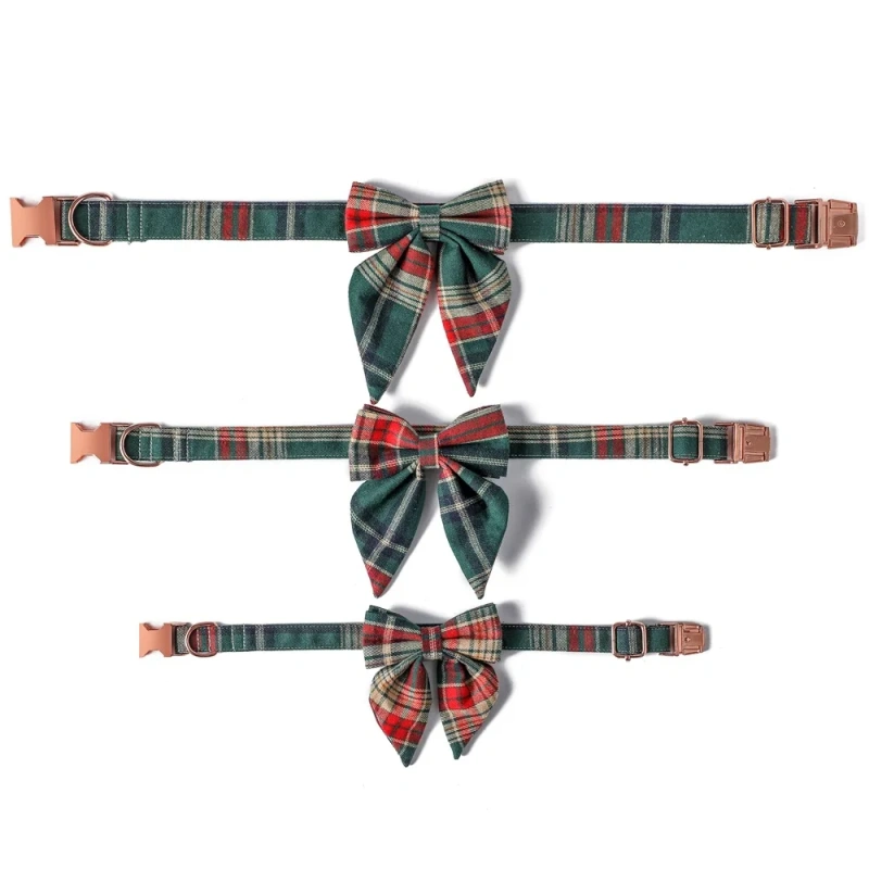 Dog and Cat Collar with Detachable Bowtie British Style Grid Collar Metal Buckle Adjustable Collars for Small Medium Large Dogs