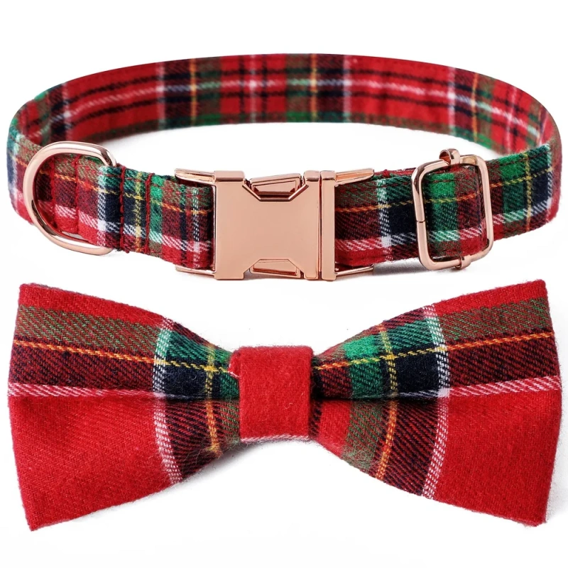 Dog and Cat Collar with Detachable Bowtie British Style Grid Collar Metal Buckle Adjustable Collars for Small Medium Large Dogs