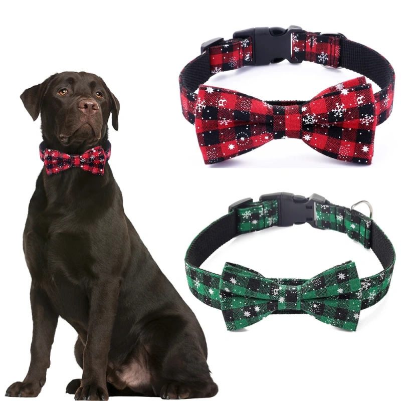 Christmas Plaid Dog Collar Adjustable Soft Dog Collar with Bowtie Pet Gift Dog Collars Bow for Small Medium Large Dogs Grooming