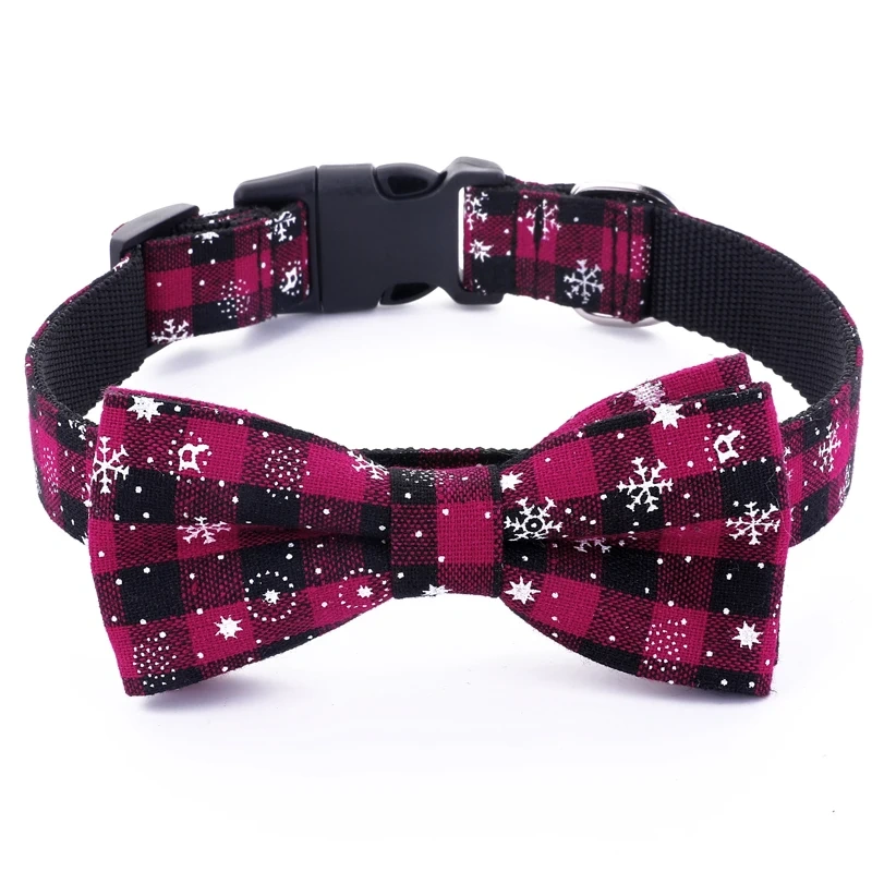 Christmas Plaid Dog Collar Adjustable Soft Dog Collar with Bowtie Pet Gift Dog Collars Bow for Small Medium Large Dogs Grooming