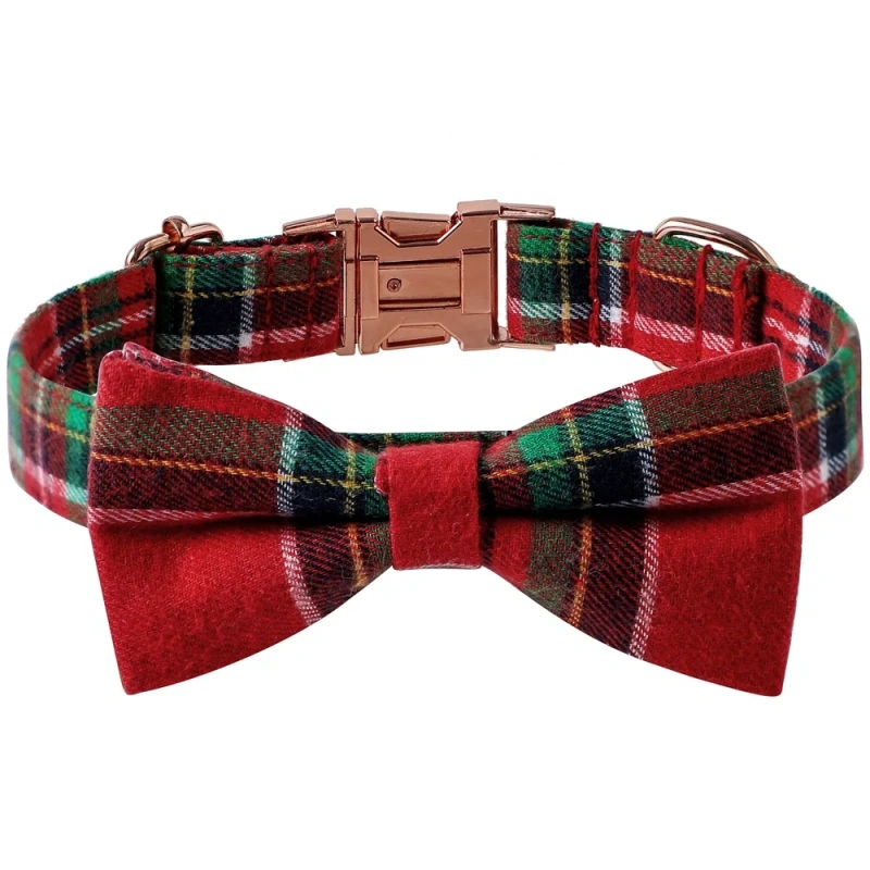 Dog and Cat Collar with Detachable Bowtie British Style Grid Collar Metal Buckle Adjustable Collars for Small Medium Large Dogs