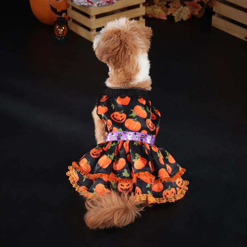 Pumpkin Lace Dress Pet Supplies Halloween Party Double Layered Dress Dog Clothing
