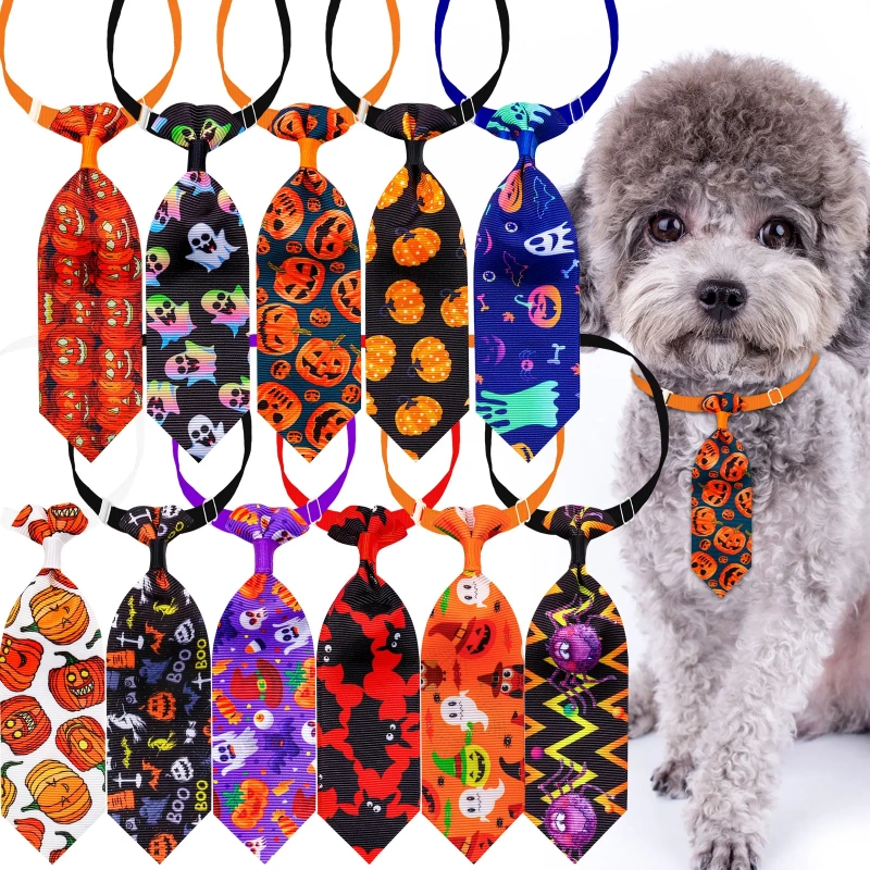 10PCS Adjustable Pet Bowties For Dogs and Cats Halloween Pumpkin Print Funny Dog Bow Tie Necktie Pet Dog Grooming Accessories