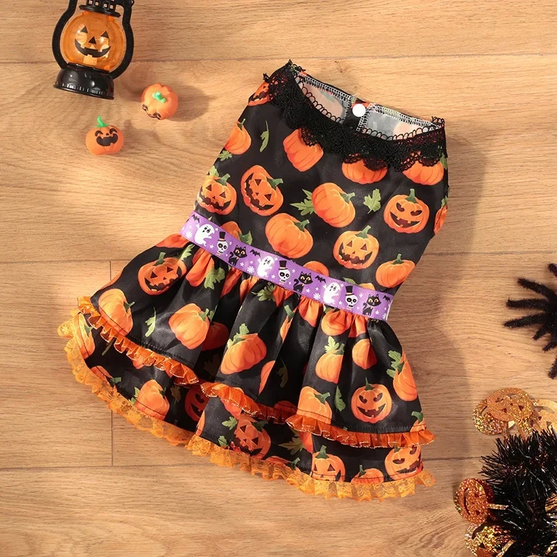 Pumpkin Lace Dress Pet Supplies Halloween Party Double Layered Dress Dog Clothing
