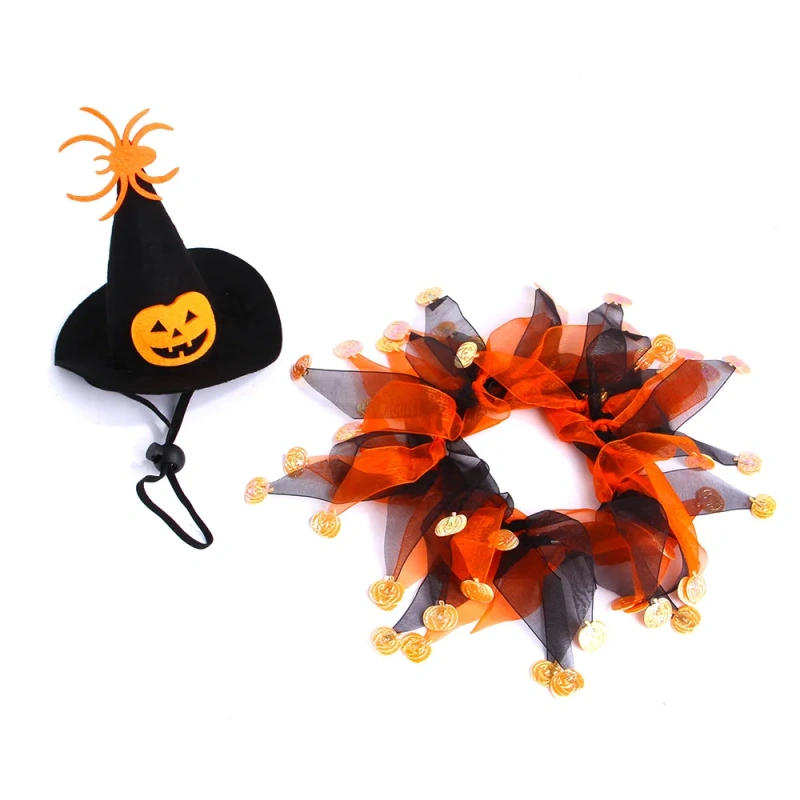 1 Set Halloween Cat Costumes Pumpkin Cute Cat Hat Scarf Clothes for Small Dogs Pet Cosplay Prop