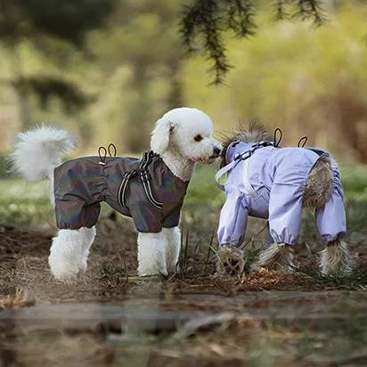 Dog Raincoat with Harness Waterproof Pet Rain Jacket for Small Dogs Adjustable Reflective Dog Rain Overalls with 4 Legs