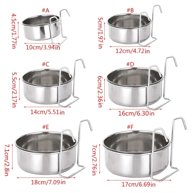 Crate Dog Bowl Stainless Steel Hanging Pet Cage Bowl Food & Water Feeder Coop Cup for Cat Puppy Birds Rats 6 Sizes