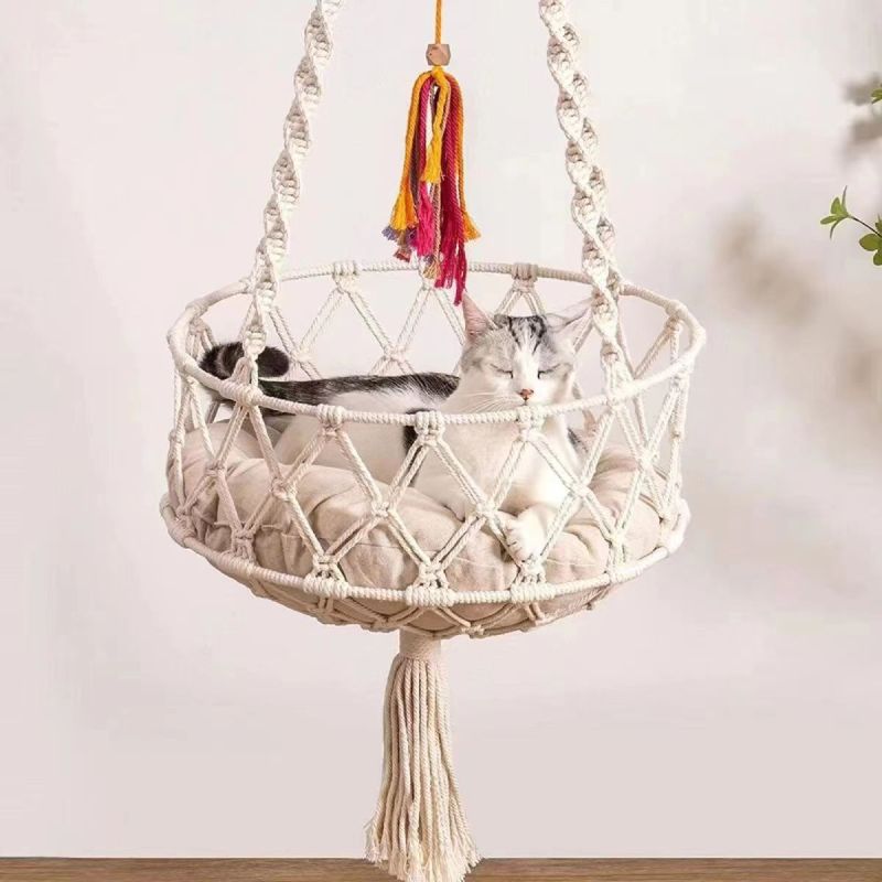 Pet Cat Hammock Swing Bed Bohemian Handwoven Tapestry Cotton Macrame for Home Outdoor Wall Hanging Without Cushion