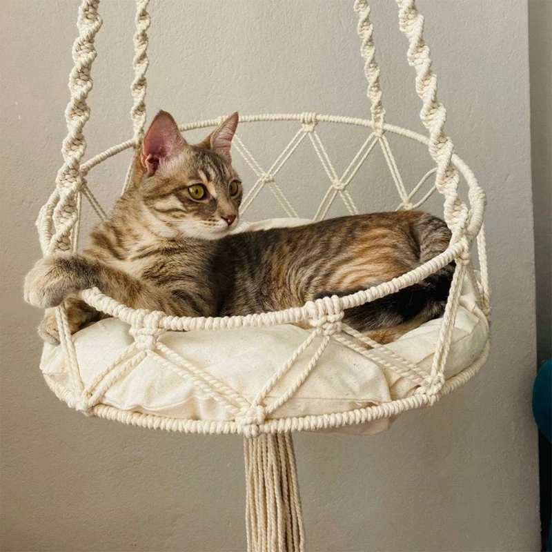 Pet Cat Hammock Swing Bed Bohemian Handwoven Tapestry Cotton Macrame for Home Outdoor Wall Hanging Without Cushion