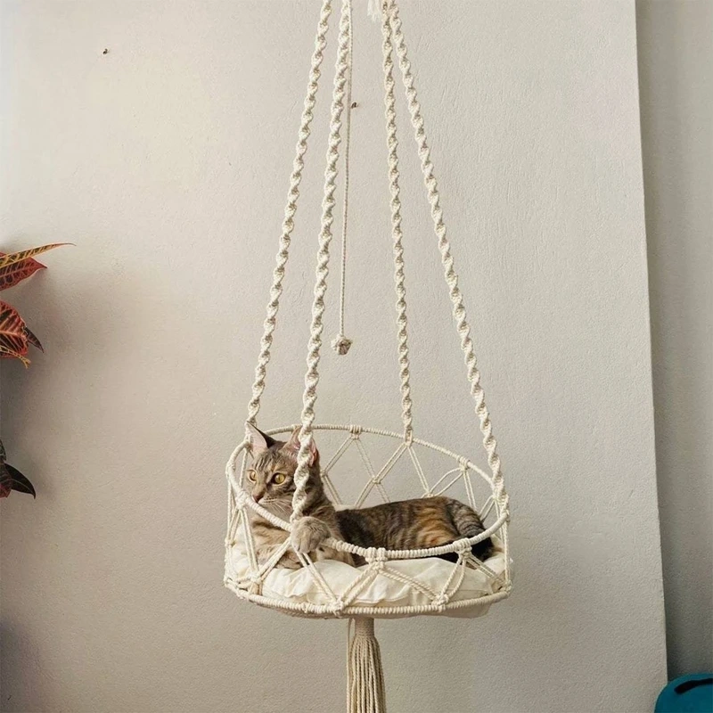 Pet Cat Hammock Swing Bed Bohemian Handwoven Tapestry Cotton Macrame for Home Outdoor Wall Hanging Without Cushion