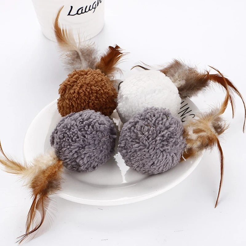 Cat plush toy catnip plush ball shape with feather toy chewing sound cat accessories pet kitten molar toy interactive pet toy
